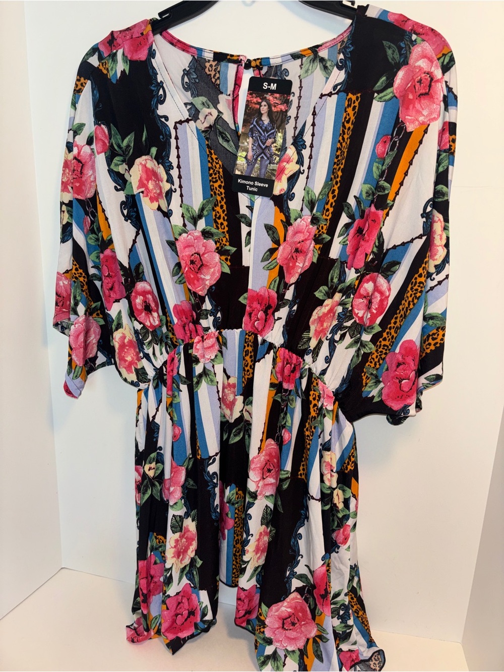 Floral Kimono Sleeve Tunic Dress - Pink & Black NWT